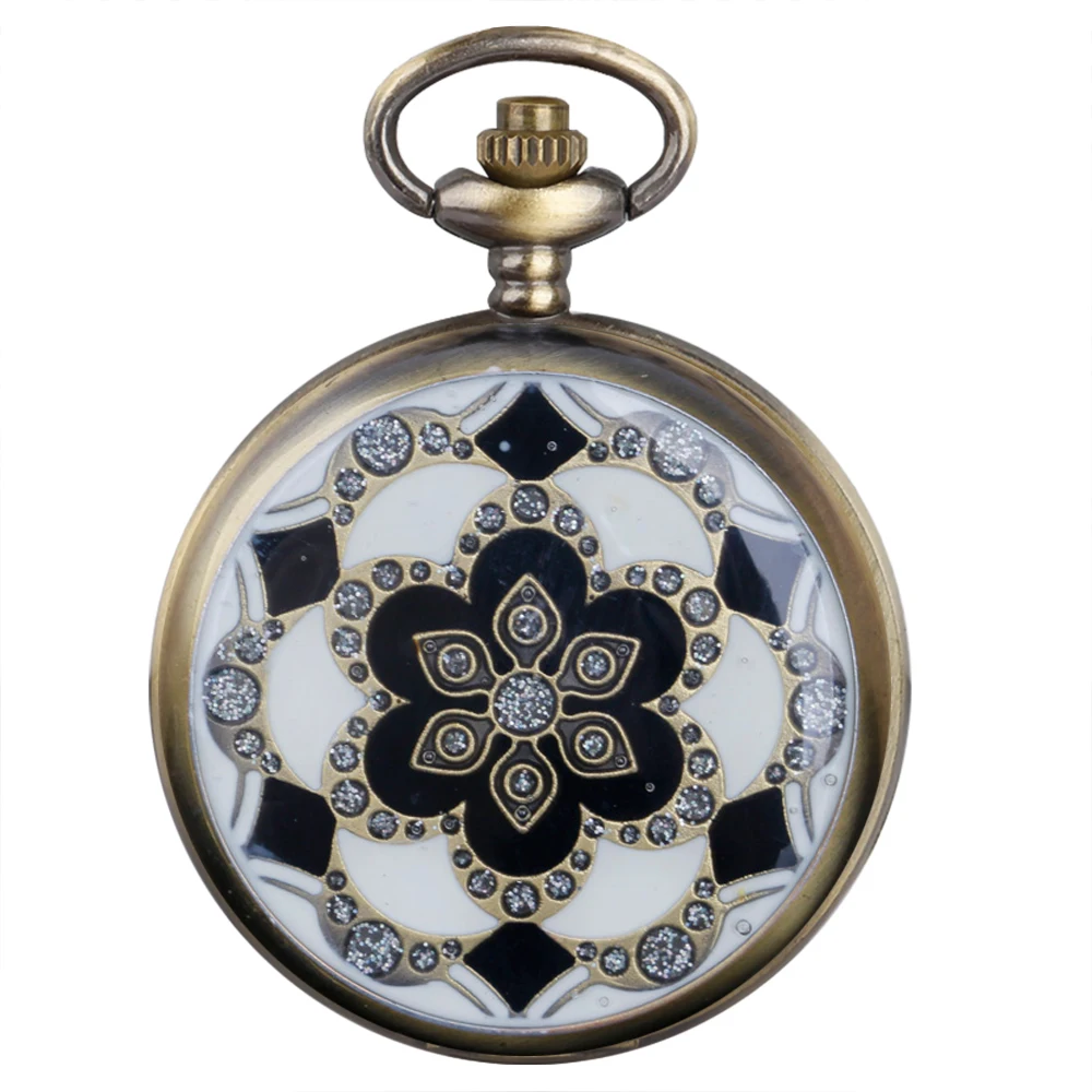 Vintage Bronze Copper Jade Flower Crystal Big Quartz Pocket Watch Women Necklace Pendant Chain Birthday Gifts Exquisite Clock