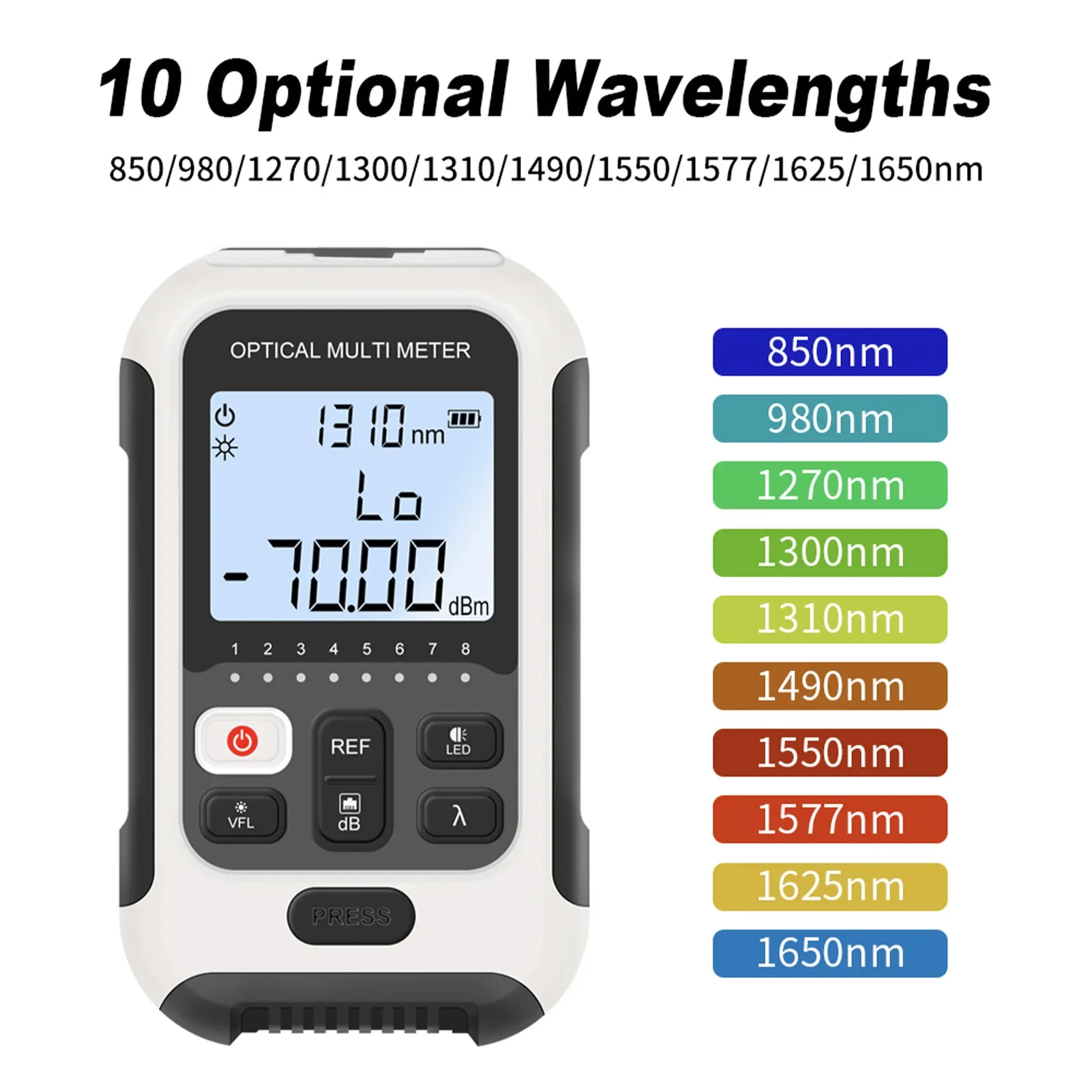 

Rechargeable 4-in-1 Optical Power Meter, High-Precision Optical Tester, Wavelength Range: 70~10 dBm with Red Light