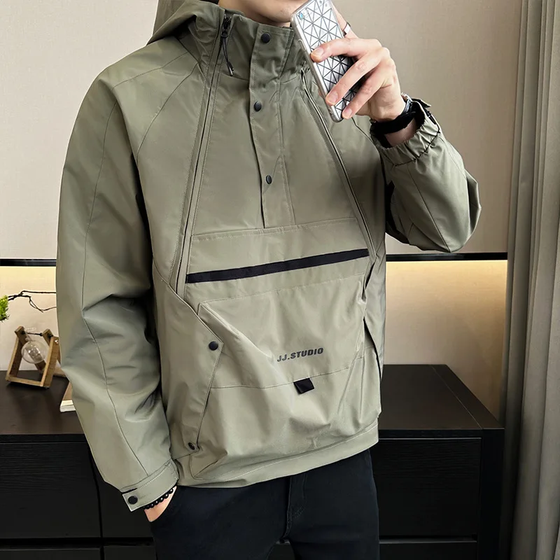 Men\'s Outdoor Pullover Hooded Jacket Solid Color Zipper Pocket korea Style Loose Casual Workwear Simple Assault Jacket