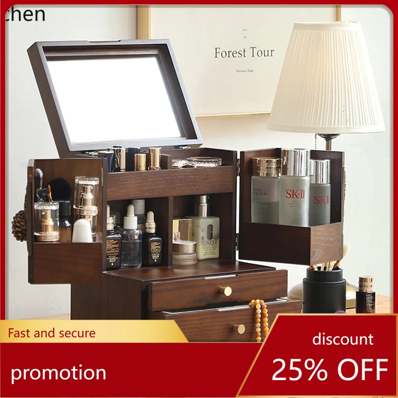 

HXL Wooden Cosmetics Storage Box Jewelry Integrated Dustproof Desktop Makeup with Mirror