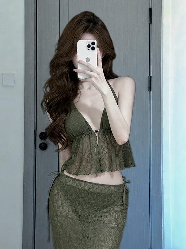 

Green Long Dress Bikini Sexy Minimalist Female Swimsuit for Island Vacation Separate Design Small Chest Ideal for Swimming