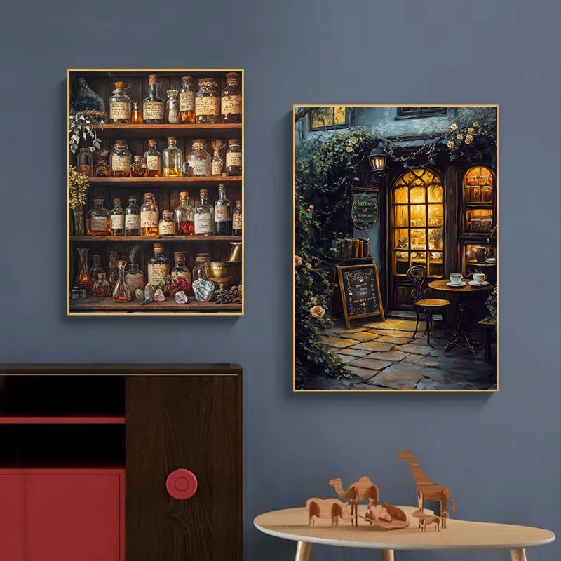 Vintage Wizards Bookstore Magic Train Potion House Movie Landscape Poster Canvas Painting Wall Art Pictures Home Interior Decor