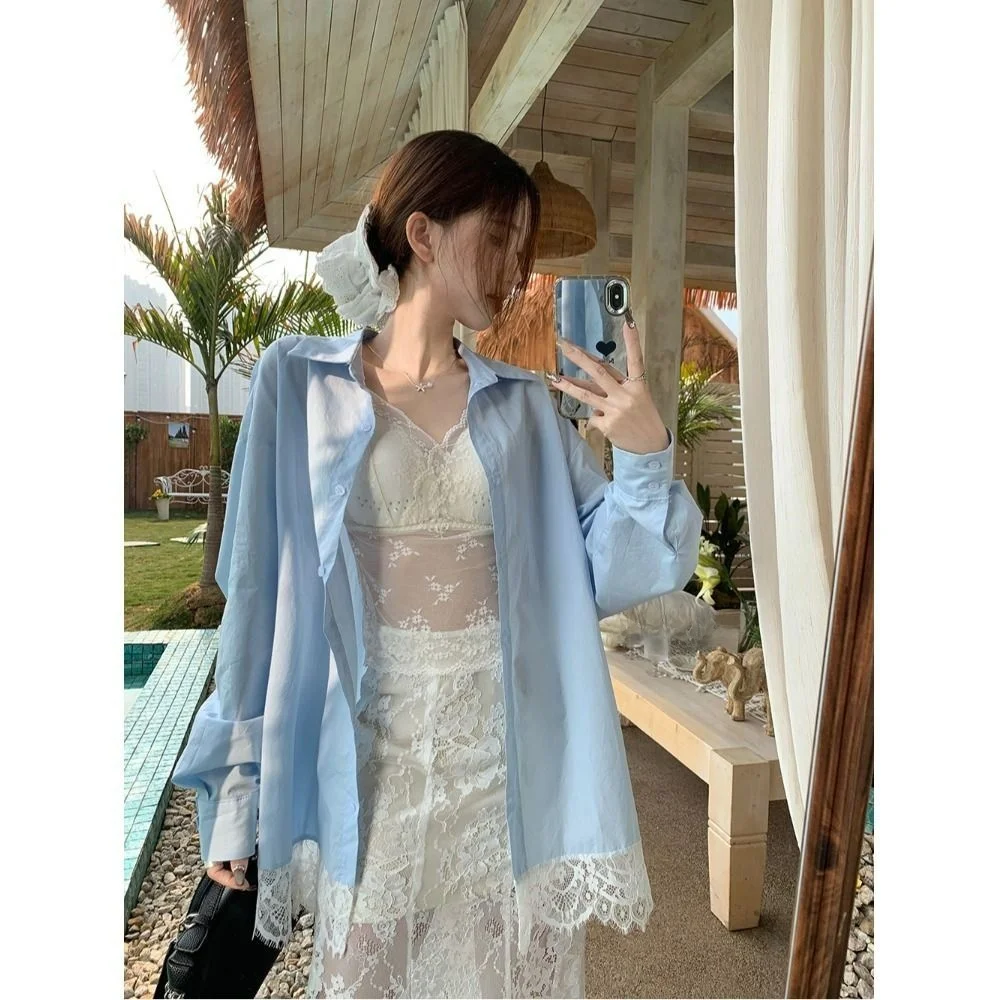 

Spring Autumn 2025 Women's Loose Long Sleeve Lace Patchwork Shirt Casual Style Breathable Outerwear Fashionable Design