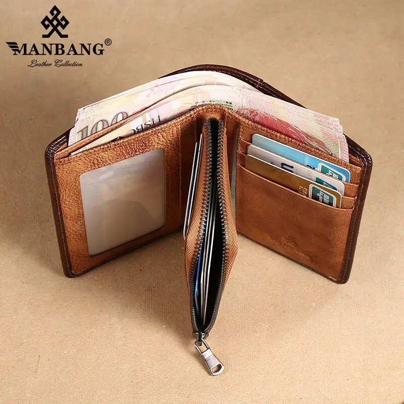 【Vintage Style & Genuine Cowhide Leather】ManBang Brand Luxury Men's Wallet Zipper Short First Layer Cowhide Purse Three Fold