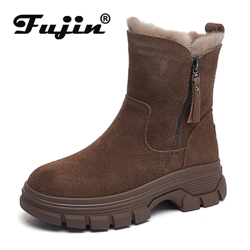 Fujin 3.5cm New Cow Suede Leather Women Women Winter Shoes ZIP Flats Ankle Snow Boots Platform Wedge Fur Plush Warm Softs Shoes