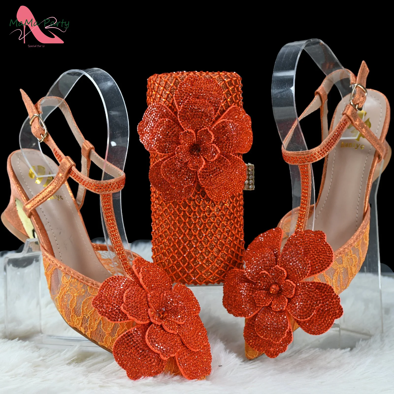 2025 Specials Design Italian Sexy Women Pointed Toe Shoes and Bag Set in Orange Color Full Crystal For Garden Party