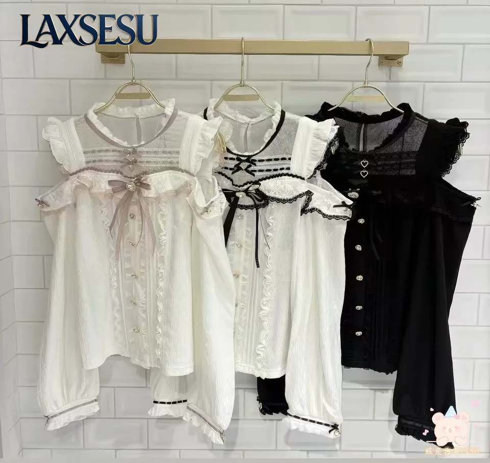 Spring Autumn Long Sleeve Top Lolita Shirt Japanese Style Mass Production Sweet Cute Lace Patchwork Off-shoulder Casual Blouses