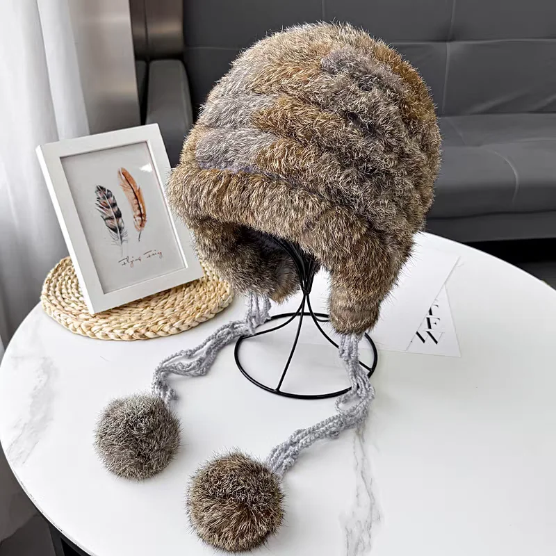 Natural Soft Russian Women Winter Fur Caps Lady Warm Knitted Real Rabbit Fur Hats with Pom Poms