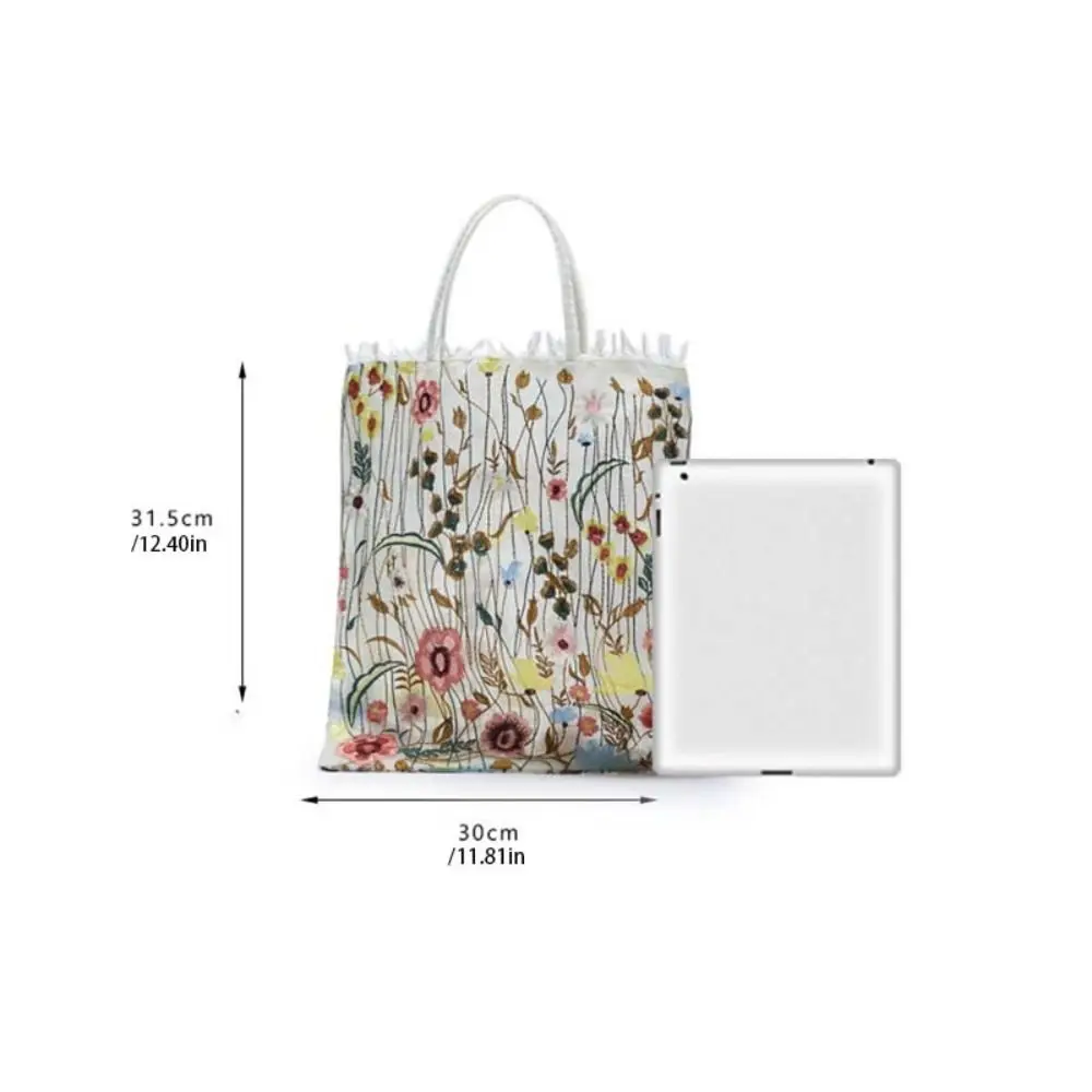 Camellia Bloem Borduren Doek Tas Kant Grote Capaciteit Canvas Schoudertas Kruidenier Handtassen Handtas Etnische Stijl Tas Dames
