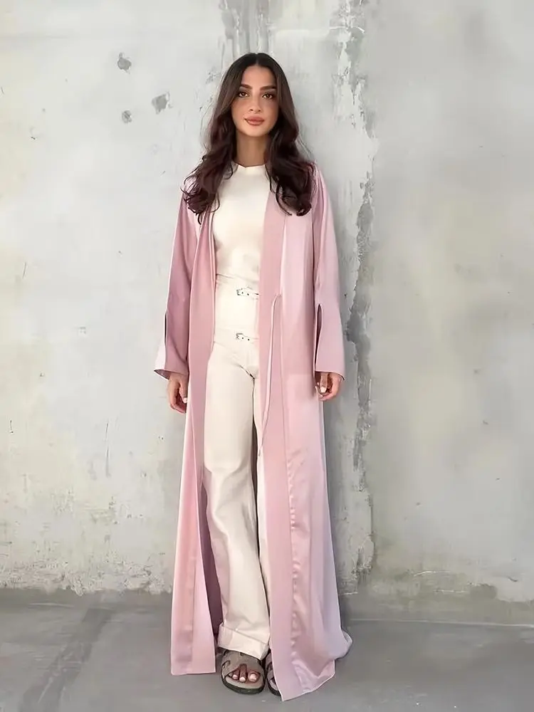 Girl Muslim Palestine Kaftan Dress Open Satin Kimono Pink Abaya Women Dubai Clothing Kebaya Robe Caftan Marocain Femme Musulmane