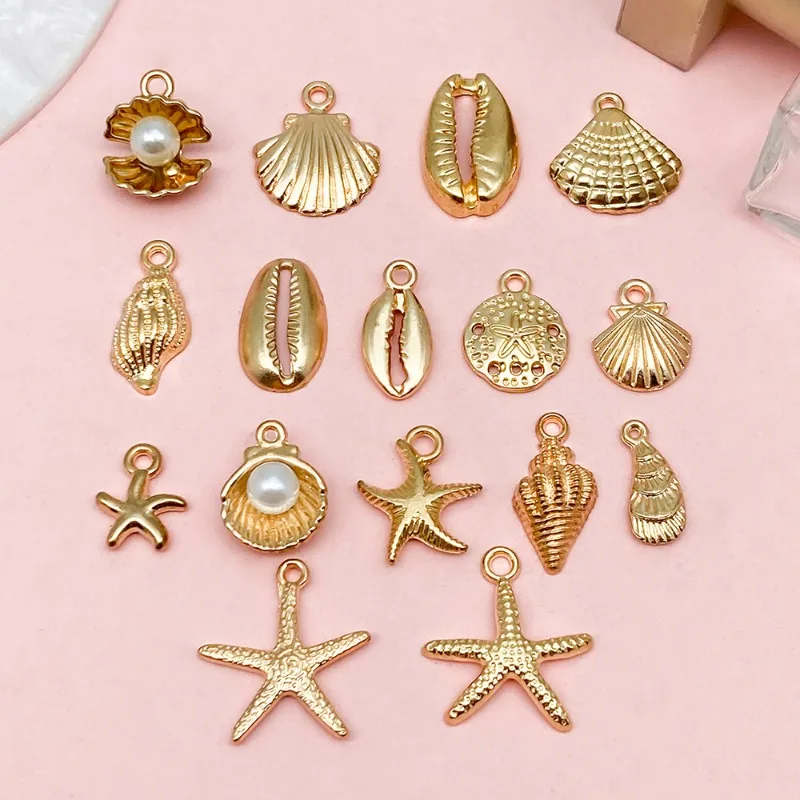 New 16pcs Gold Color Ocean Shell Conch Starfish Charms for Jewelry Making Necklace Key Chain Phone Chain DIY Materials Colorfast