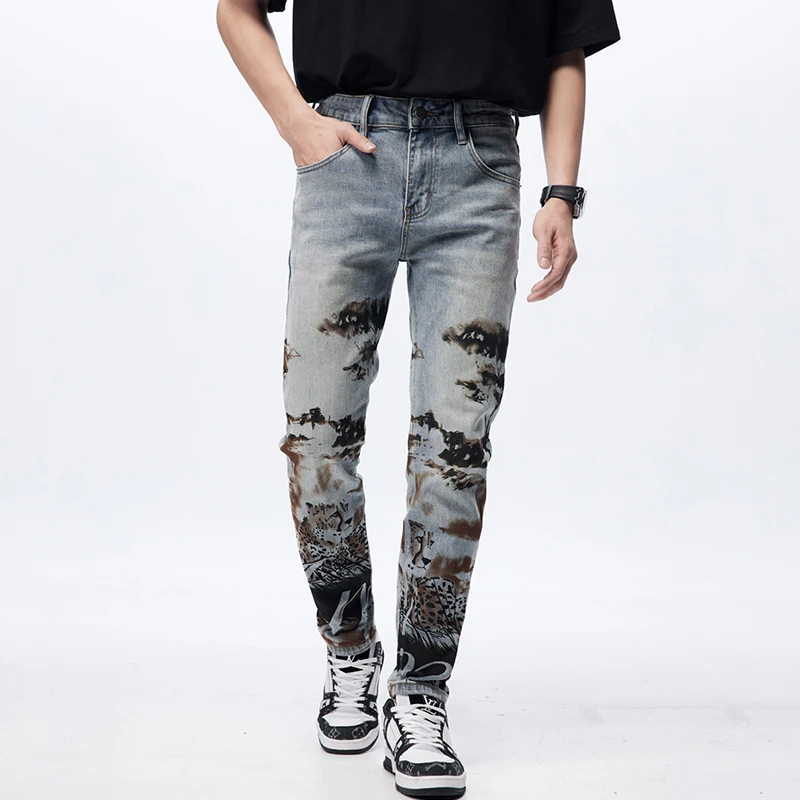 New Style Jeans Men Washed With Water Personalized Printing Fashion Trendy Brand Straight  Versatile Slim Fit Youth Denim Pants
