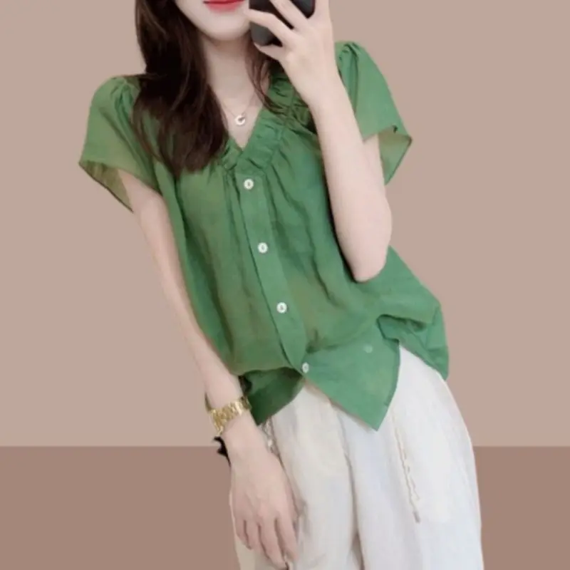 Women Summer Korean Fashion Loose Solid Color V-neck Short Sleeve Shirts Women Clothes Office Lady All-match Temperament Tops