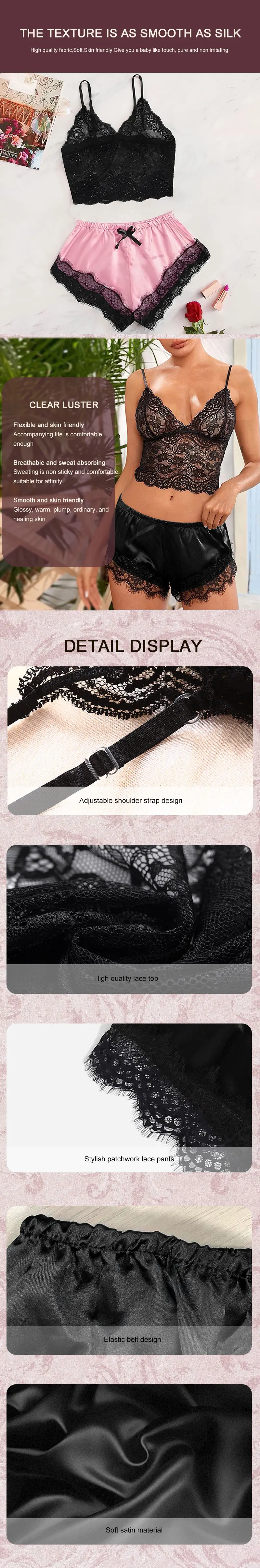 2-teiliges Damen-Pyjama-Set aus Satin, Spitze, Cami-Top und Shorts, sexy Dessous, Nachtwäsche, Sommer, atmungsaktive Nachtwäsche, Schwarz und Rosa – Detail 4