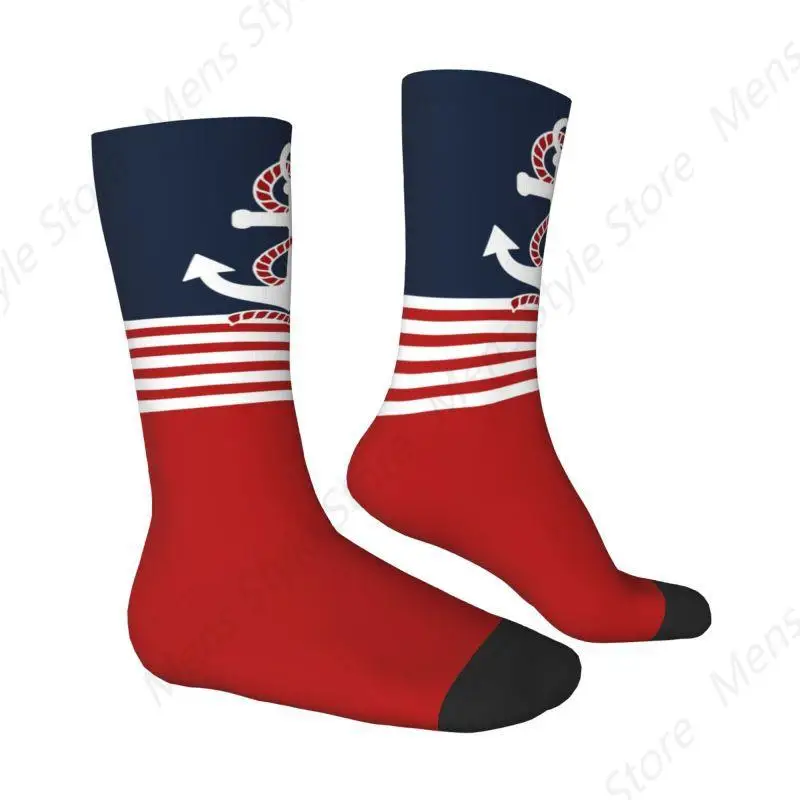 Nautical Stripes And Red Anchor Men Women Crew Socks Unisex Fashion Sailing Sailor Spring Summer Autumn Winter Dress Socks