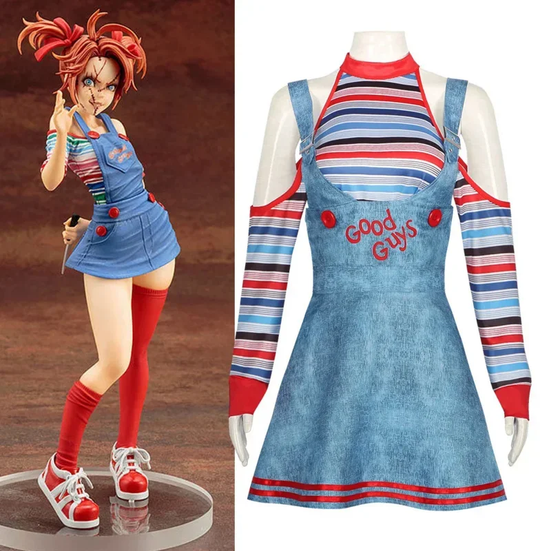 Disfraz de cosplay de Chucky, disfraz de terror aterrador, camisa para mujer adulta, trajes de falda, fiesta de Halloween para niñas, juego de rol de Carnaval