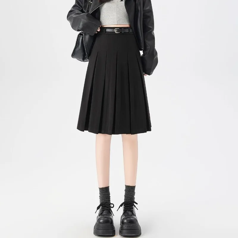Korean Style Women Gray Wool Pleated Skirt Autumn Winter High Waist A Line Slim Midi Skirt For Petite