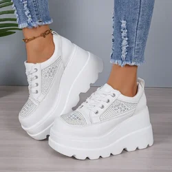 2025White black Women Lace Up Wedges High Heel Pumps Rhinestone glitter Female Breathable Chunky Platform Fashion Sneakers 35 43