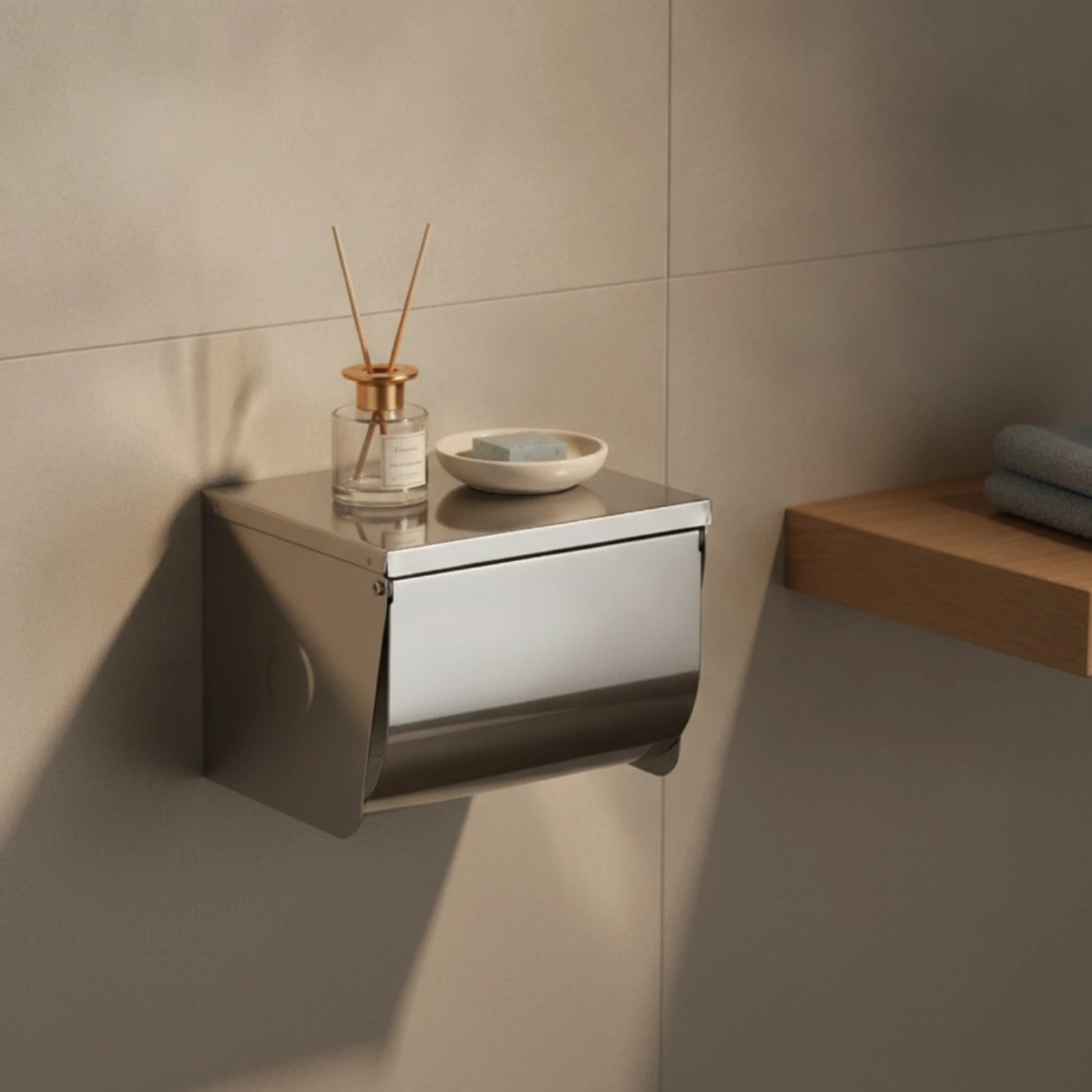 Bathroom Tissue Dispenser with Cover Rustproof Toilet Roll Holder with Shelf Hardware Waterproof Compact for Bathroom