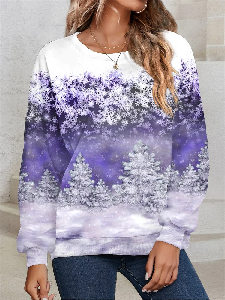 Women's Sweatshirt Festive Holiday Cats Christmas Tree Print Tee Crew Neck Long Sleeve Casual Comfort Winter Apparel Teal Top