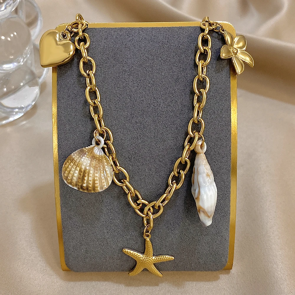 

DODOHAO Shell Starfish Love Heart Pendant Necklaces For Women Ocean Style Casual Choker Necklaces Link Chain Fashion Jewelry