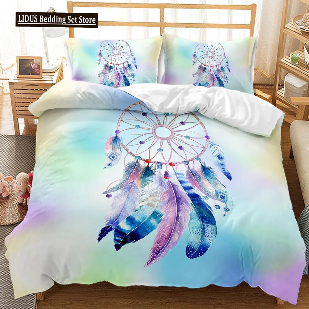 

Dream Catcher Duvet Cover Set King Size For Girl Women Colorful Feather Cute Polyester Comforter Cover Set 3D Printed Boho Style