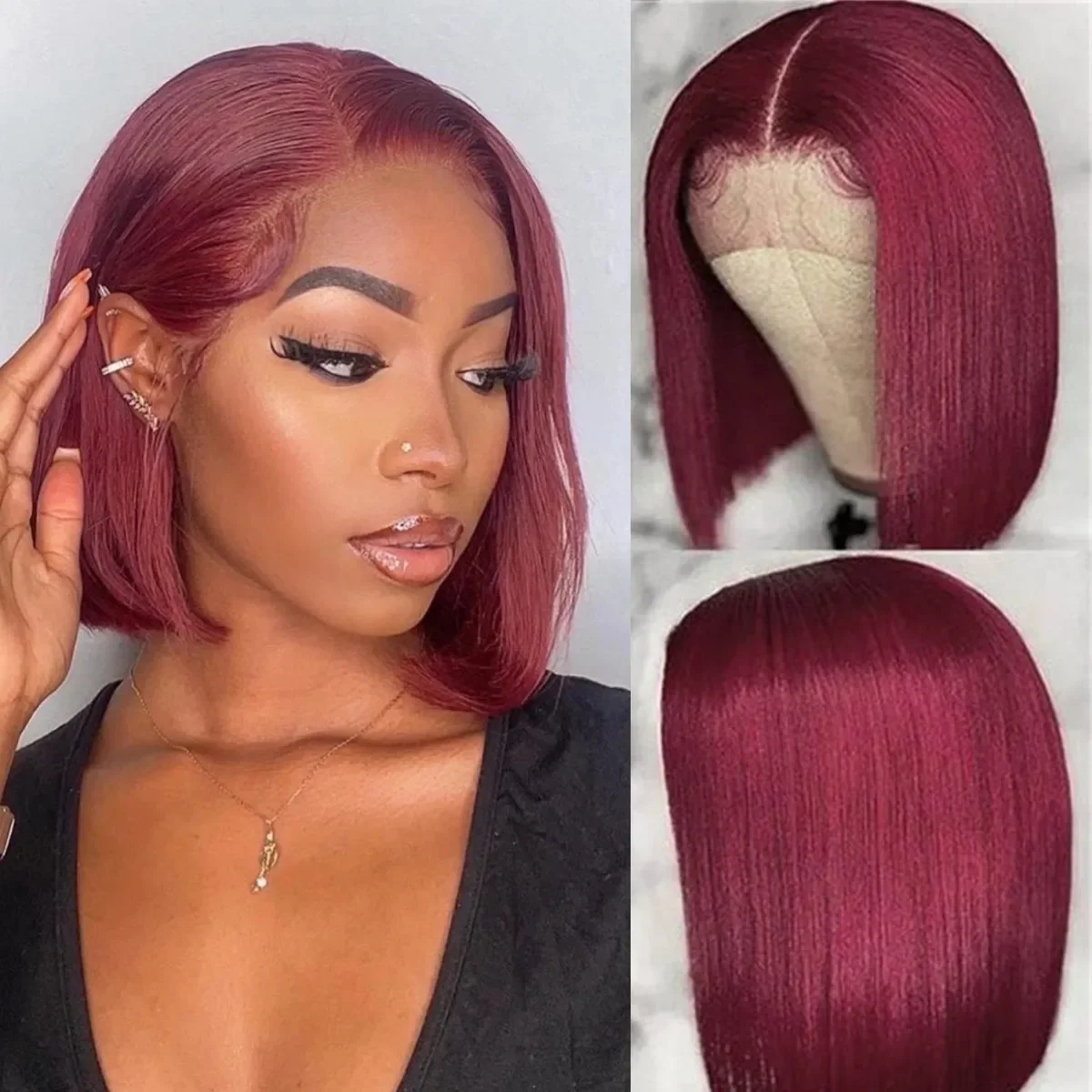 10-14inch Burgundy Transparent Short Bob Human Hair Wigs Peruvian 99J Red Straight 13x4 Lace Front Wig For Women Density200%