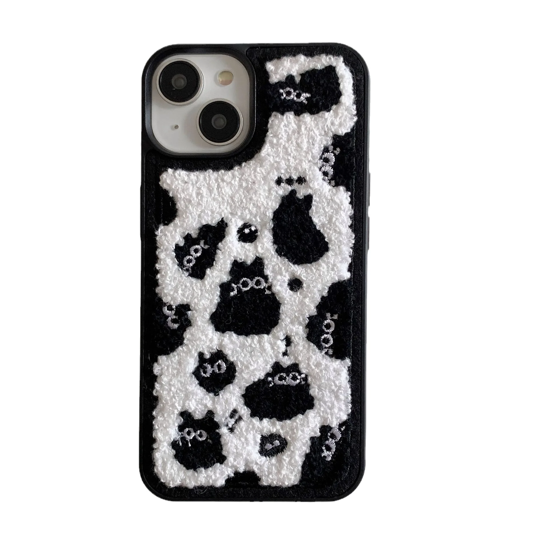 Embroidered Plush Black Cat Phone Case For iPhone 15 14 13 12 Pro Max Full Cover