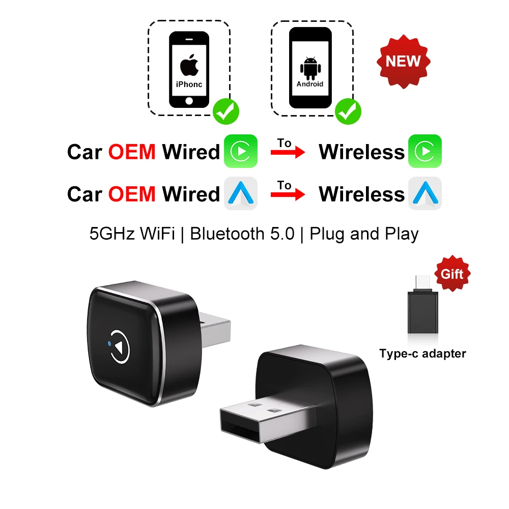 Car Play 2in1 Wireless CarPlay Android Auto Adapter USB Dongle Mini AI Box Plug and Play Universal for Toyota Nissan Honda Ford