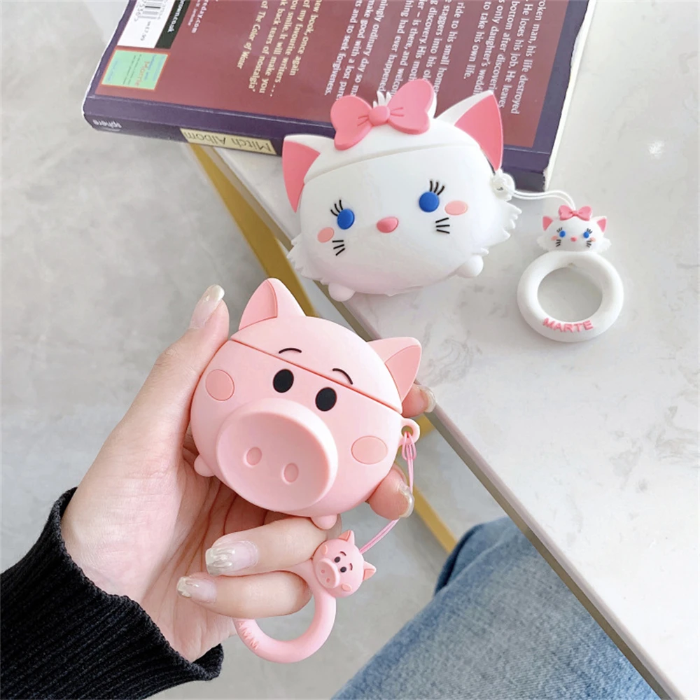 3D Cartoon Mary Cat Silicone Case Cover For AirPods 2 3 Pro Earphone Finger Ring Strap