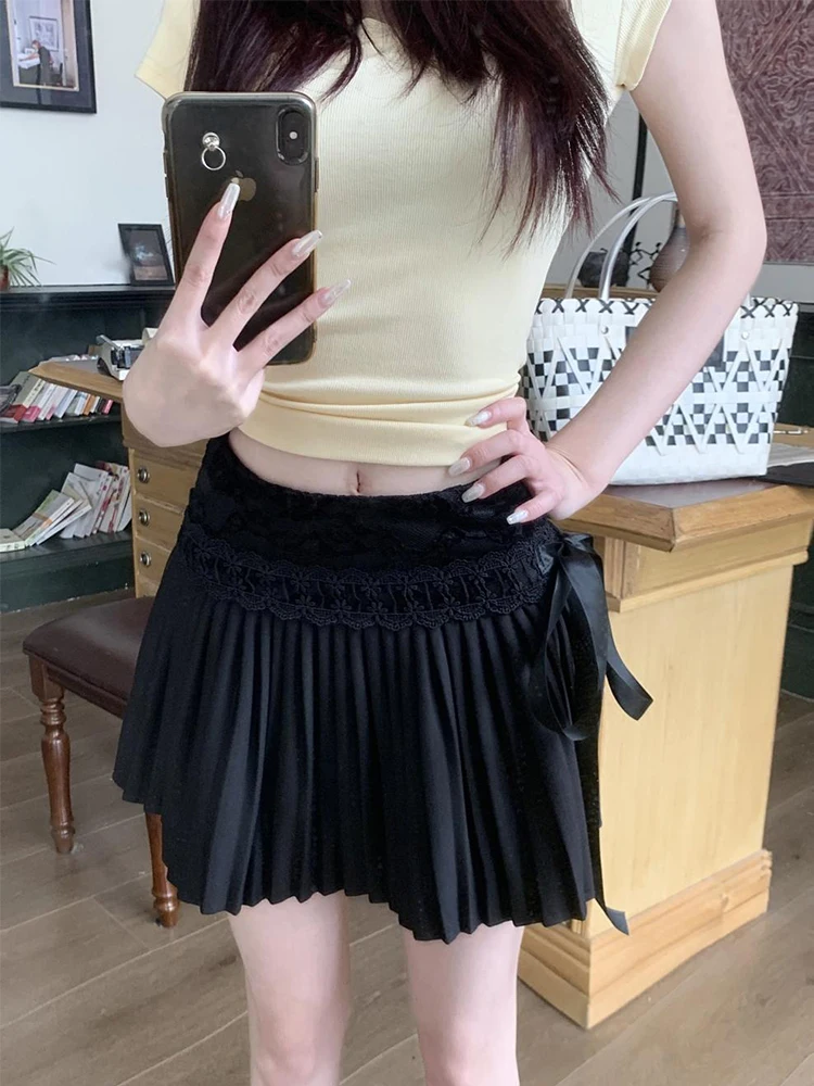 الصلبة الدانتيل مطوي تنورة الصيف عالية الخصر ألف خط تنورة موضة غير رسمية المرأة تنورة قصيرة 2025 الملابس الكورية