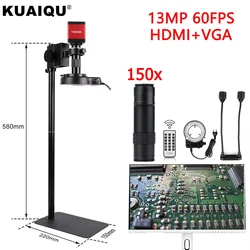 1-150X Lens Digital Microscope 13MP HDMI VGA Video Microscope Camera For Laboratory PCB Phone Repair,100cm working distance