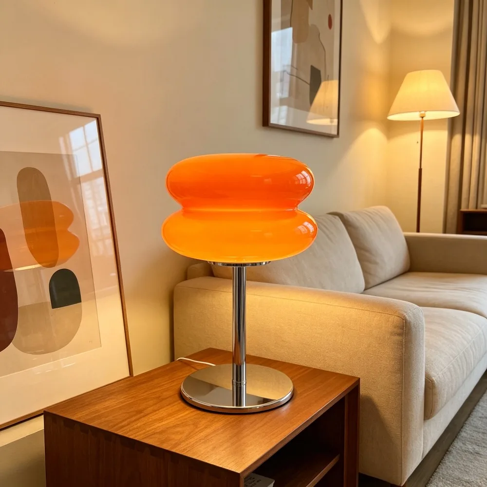 Mid-Century Ins Macaron Cream Double Layer Glass Table Lamp Nordic Style Living Room Bedroom Study Bedside Hamburger Egg Tart