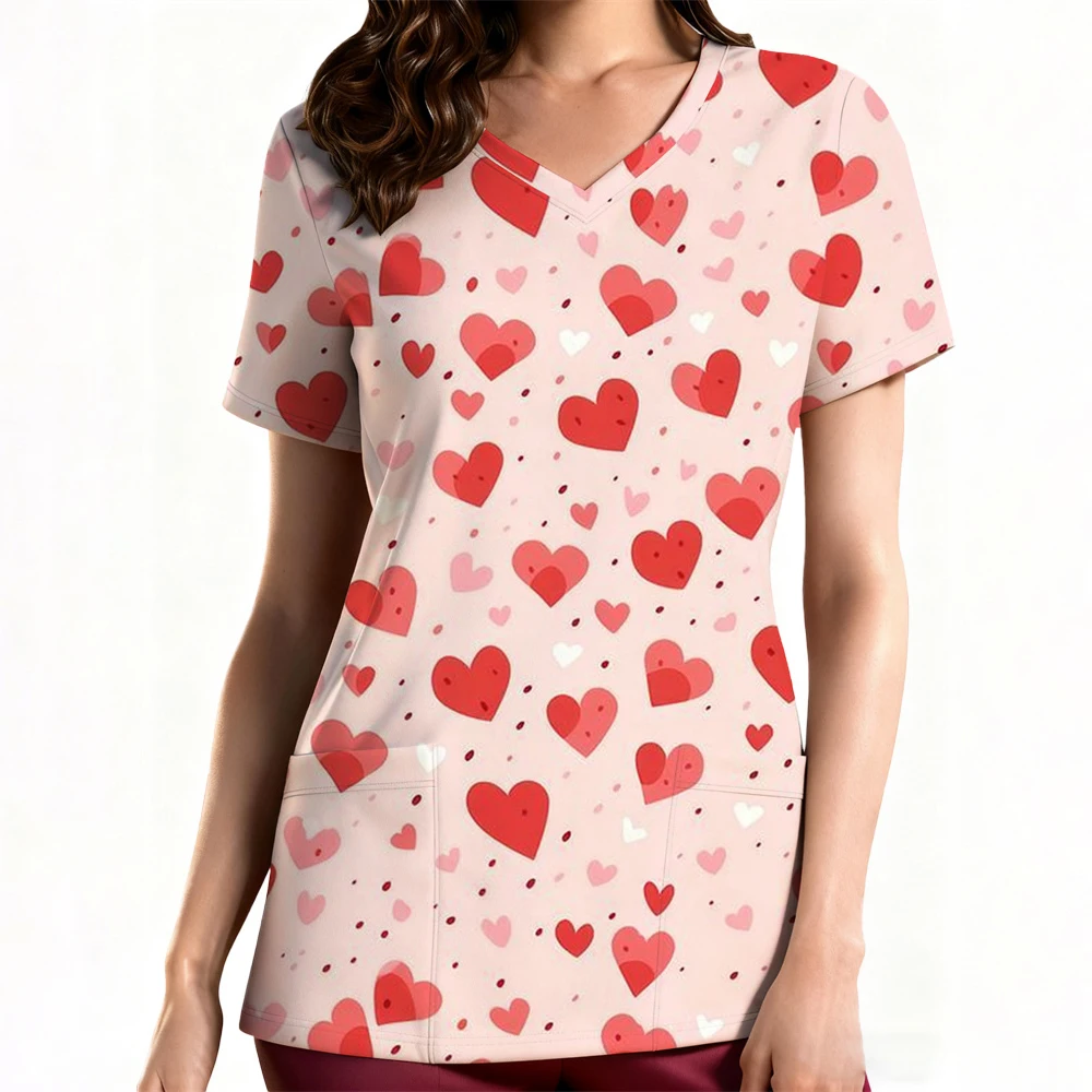 المرأة العمل موحدة ابتسامة القلب طباعة قصيرة الأكمام الخامس الرقبة جيب تصميم القمم الدعك الزي الطبي السريري بلوزة نسائية