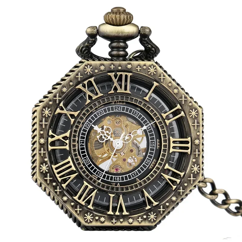 Vintage Hollow Octagon Design Men Women Skeleton Handwinding Mechanical Pocket Watches Roman Number Clock Pendant Chain Gift