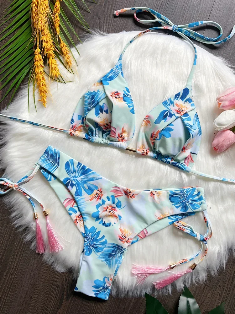 

Sexy Print Plaid Split Bikinis 2 Piece Set Women Laced Up Swimsuit High Waist Beach Bikinis 2025 New Summer Swimwear Bikinis Set