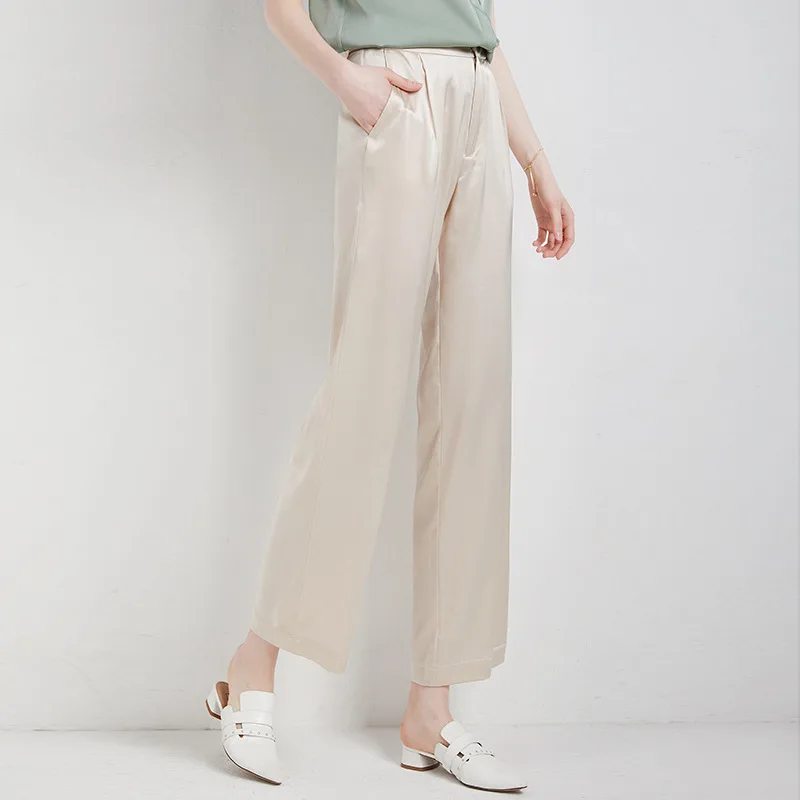 100% Silk Straight Pants Women Simple Design Solid 3 Colors High Waist Ankle-Length Trousers New Fashion