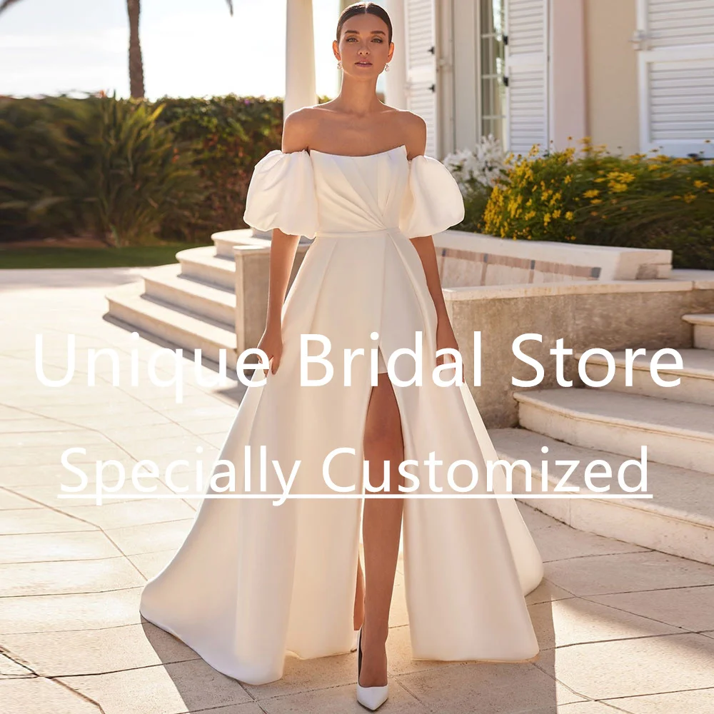 

Simple Satin Bridal Gown Puff Sleeve High Split Off The Shoulder Strapless Bata Novia Boda Backless Court Train Robe De Mariée