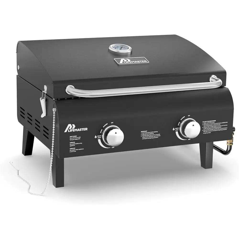 

Black Portable Gas Grill, Dual 10,000 BTU Burners, 275 Sq.In Cooking Space, Push-to-Start Ignition, Wind-Proof Lid with Built-in