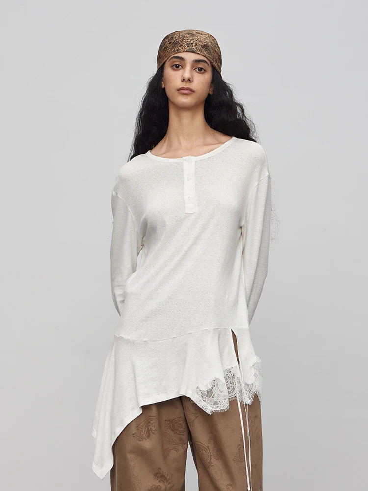 

Original Artistic Loose Long Sve White Cotton T-irt Women's Faion Casual Sle f Circle Design Autumn Collection