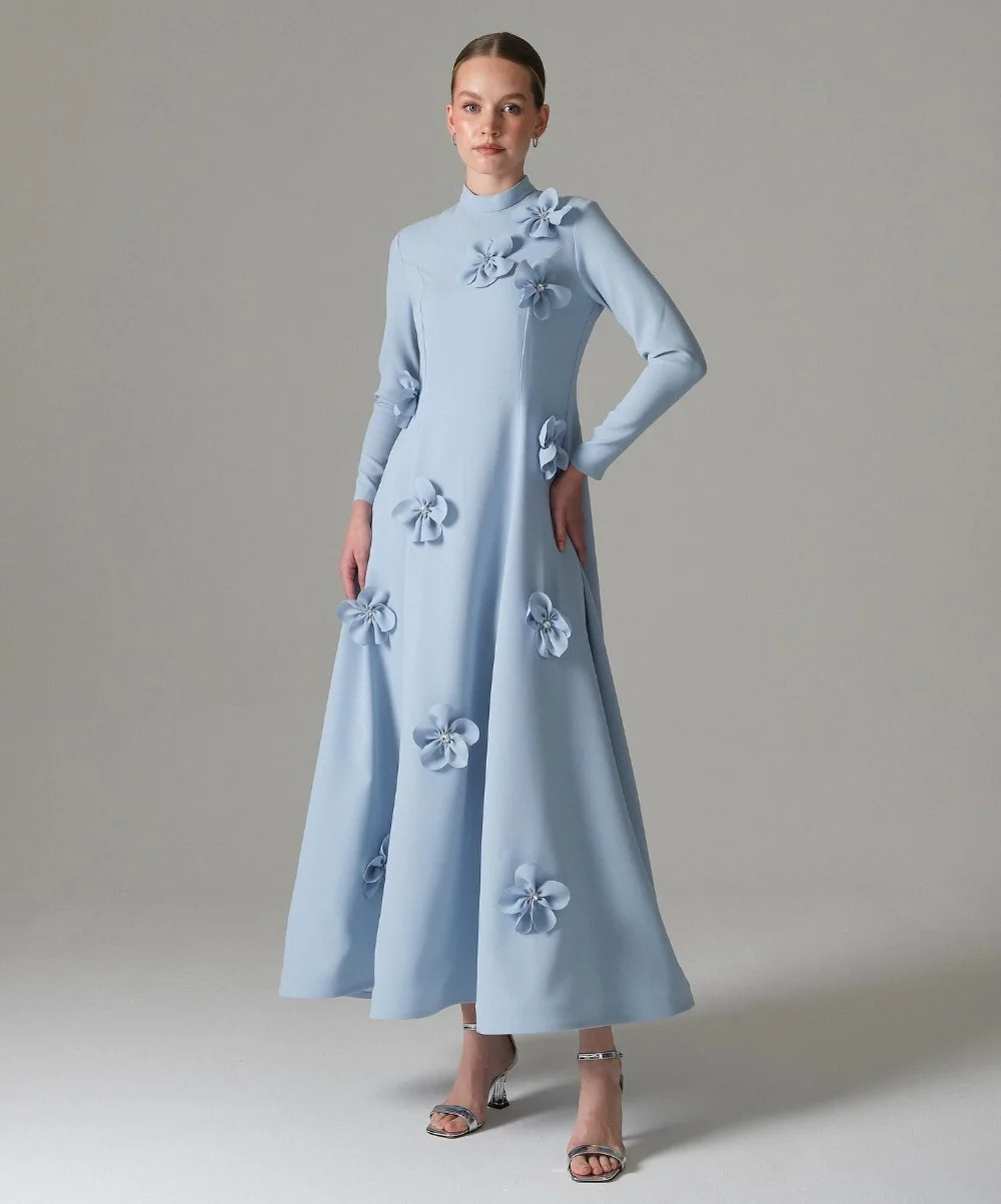 

Customized Fashion Jersey Pleat Applique A-line High Collar Midi Prom Dresses Bespoke Occasion Celebrity Simple