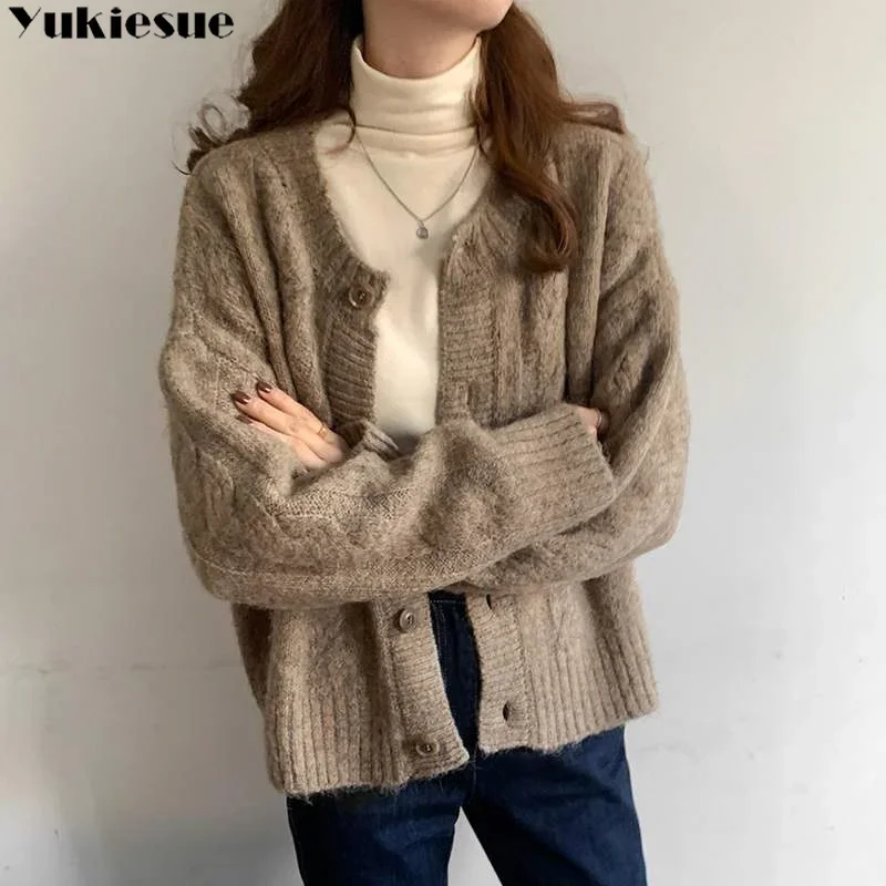 2023 الخريف الشتاء الطبعة الكورية المرأة أزرار فضفاضة حتى متماسكة سترة دافئة سترة معطف الصلبة طويلة الأكمام المرأة سترة غير رسمية