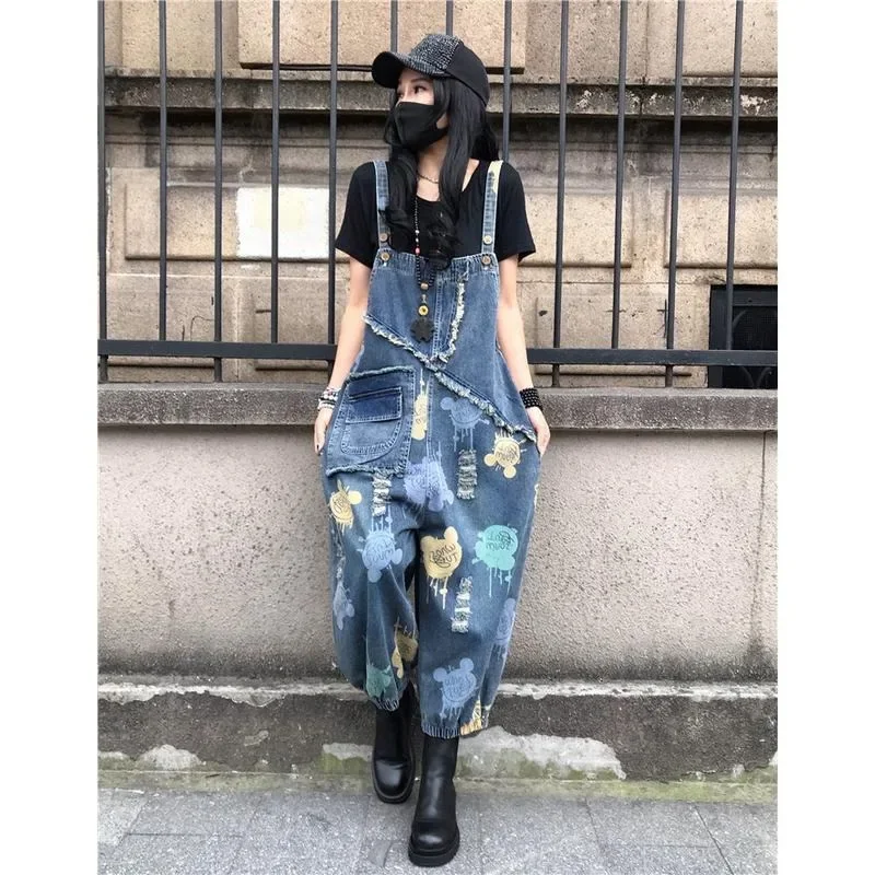 Frühling Herbst Cartoon Print Jeans Overalls Frauen Große Taschen Lose Denim Strampler Weibliche Retro Overalls Hosen