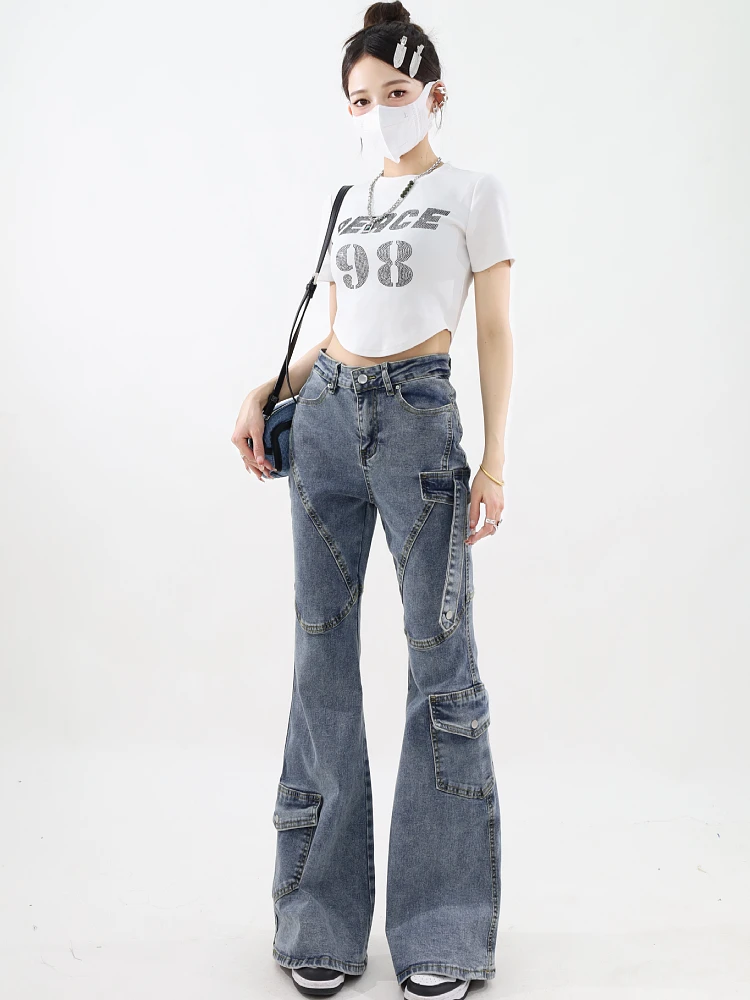 Women Blue Flare Cargo Jeans Vintage 90s Aesthetic Y2k Denim Trousers Harajuku High Waist Cowboy Pants 2000s Trashy Clothes 2024