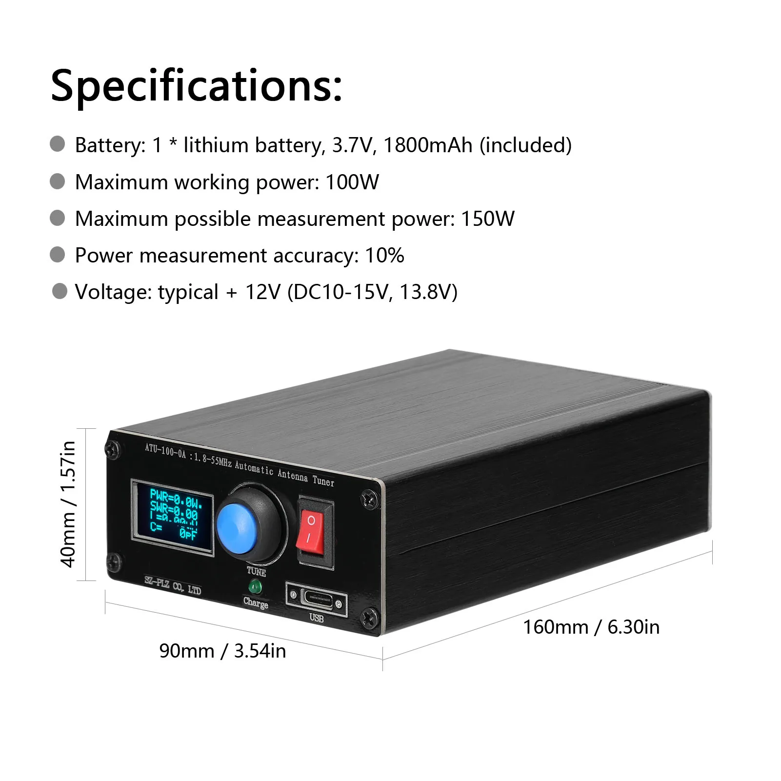 ATU-100-0A 1.8-55MHz Mini Automatic Antenna Tuner 0.91inch OLED Display Aluminum Alloy Outcase with1500MAh Battery