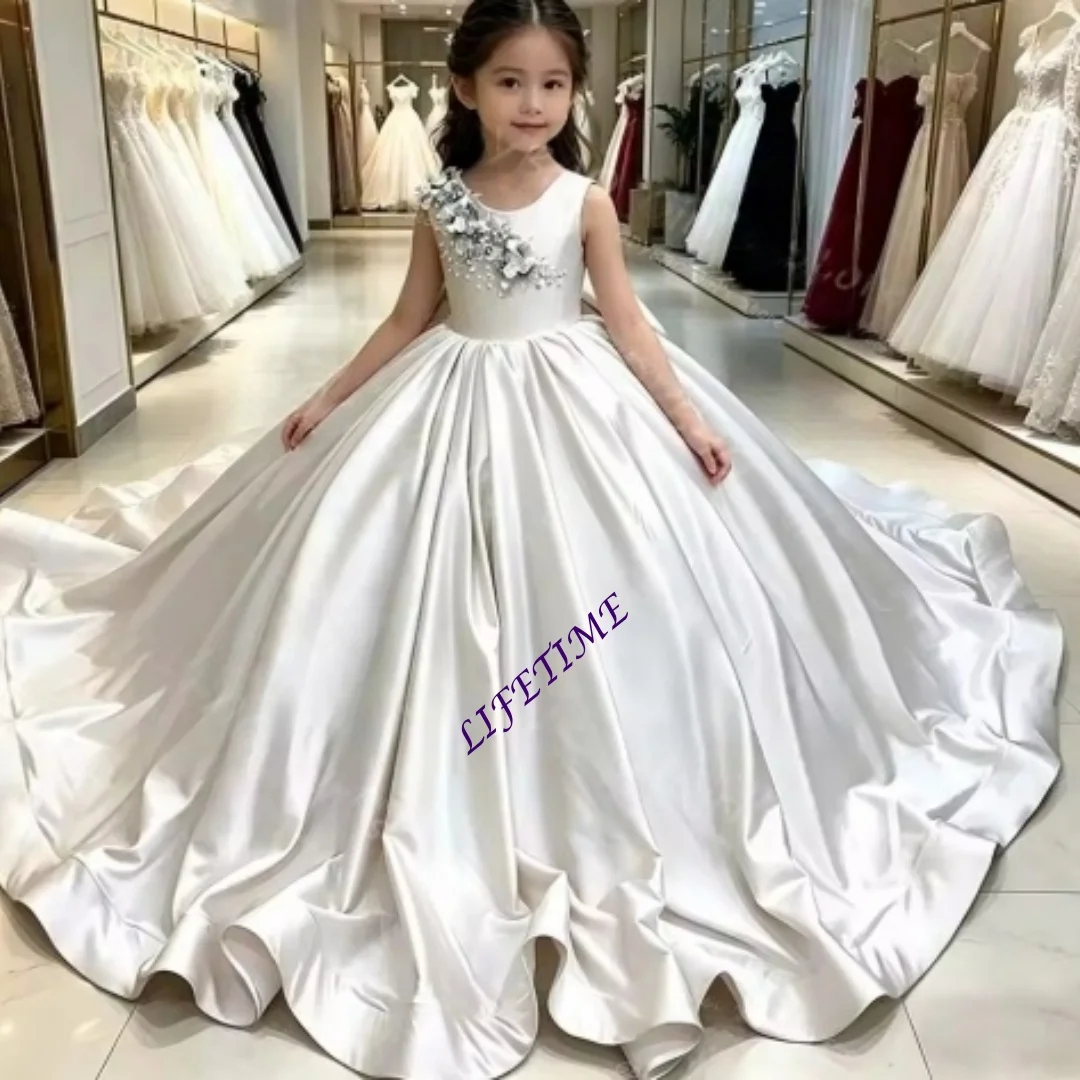

CustomizedRuffled Satin Flower Girl Dress for Kids Pearls Tassel Beaded Applique Princess Pageant Dress with Bow Custom Wedding