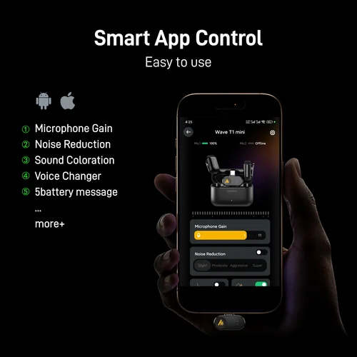 Imagen 2 del producto MAONO T1mini micrófono Lav inalámbrico para cancelación de ruido de teléfono, recorte automático, micrófono con Clip de Control de aplicación para grabación de vídeo, Vlog