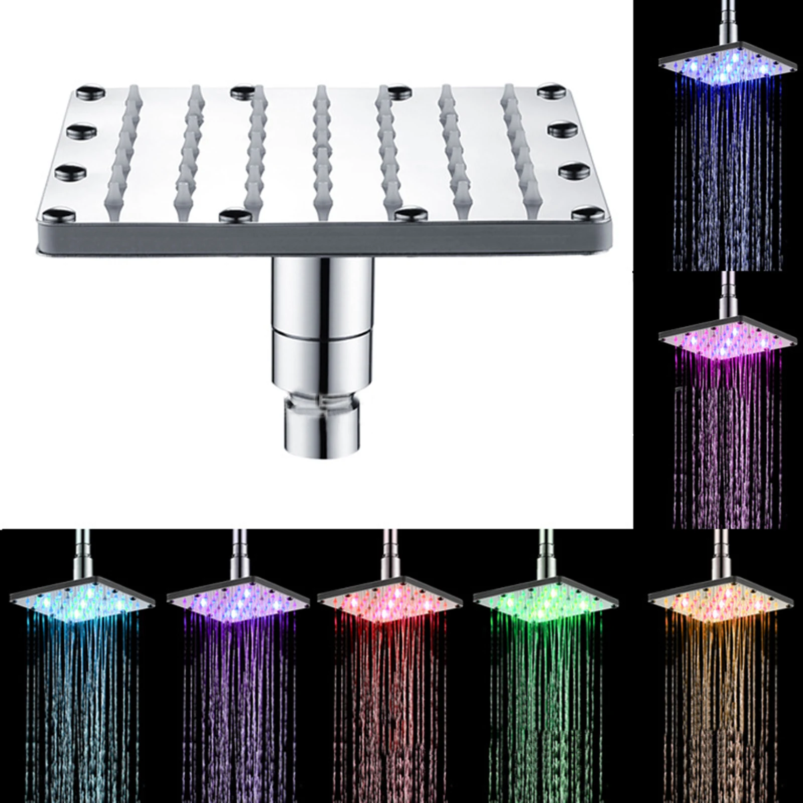 Square LED Top Spray Shower Temperature Controlled Three Color Shower Seven Color Light Emitting Shower Bathroom Accessories