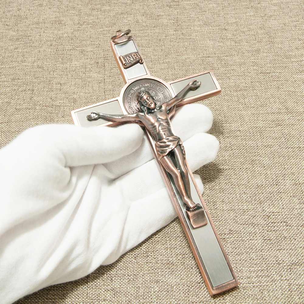 Catholic Cross Zinc Alloy Crucifix with St. Benedict Medal & INRI, 6.9