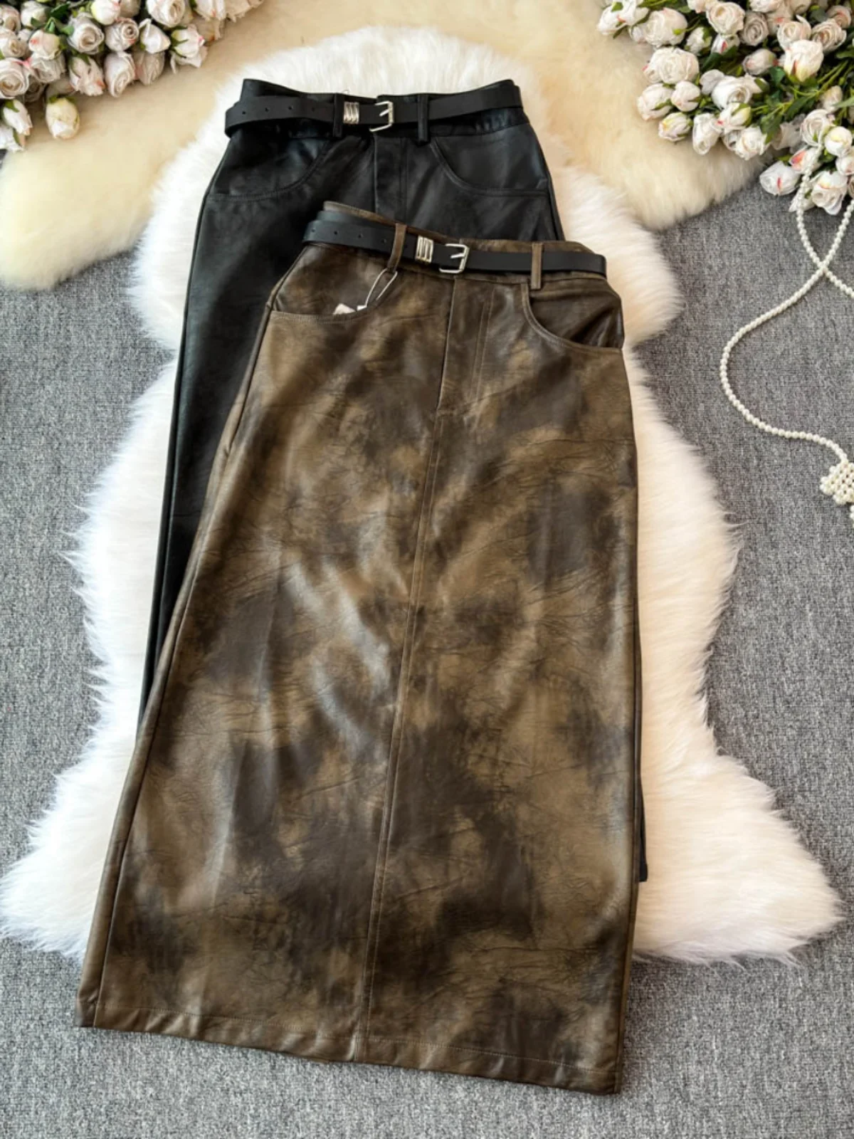 

High Waist Asymmetrical A-Line Skirt for Women Spring Autumn Vintage Leather Skirts Slimming Effect Korean Sle